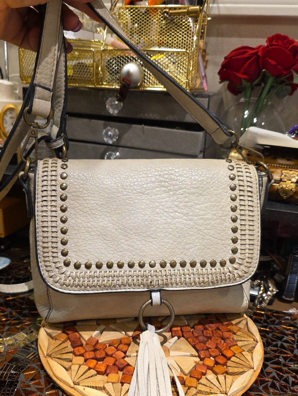Women's Cream Leather Crossbody Bag with Tassel and Stud Accents